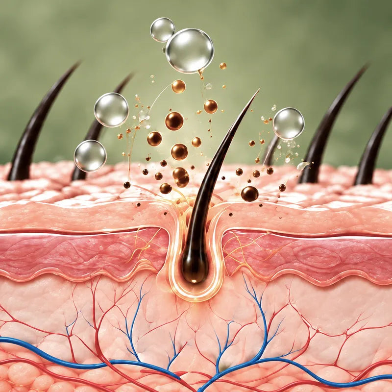 Cleansing bubbles lifting sebum and impurities from a hair follicle