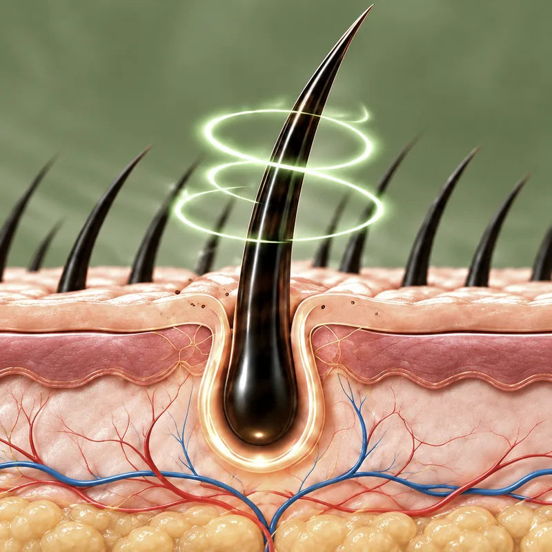 A healthy hair strand ringed by a protective glow